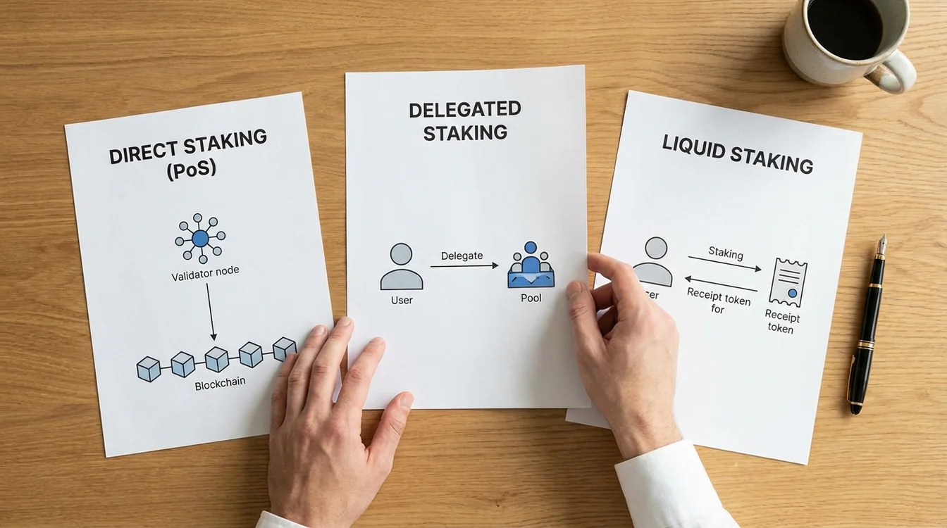 Mesa de trabalho com v&aacute;rios documentos mostrando diferentes sistemas de staking para compara&ccedil;&atilde;o