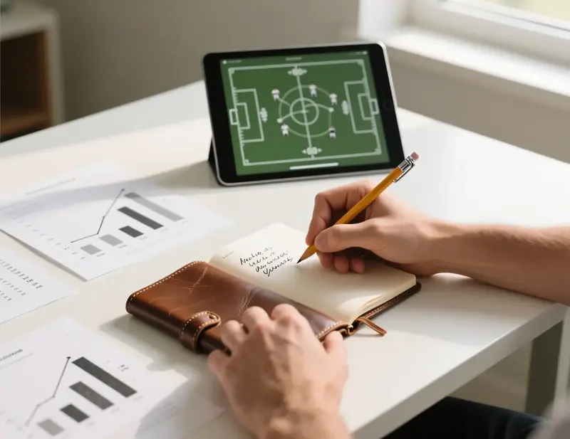 Pessoa a analisar estatísticas desportivas e tomar notas para apostas