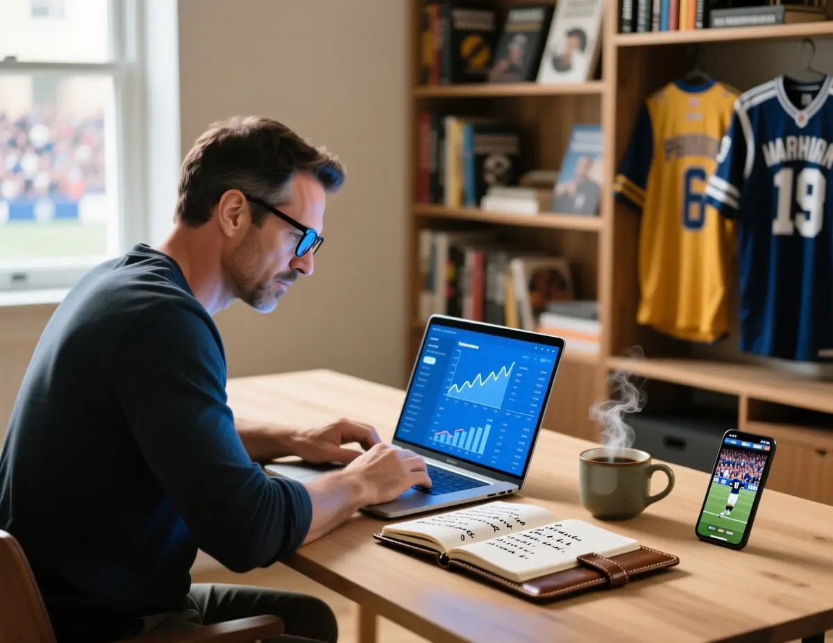 Homem a analisar estatísticas de apostas desportivas num portátil