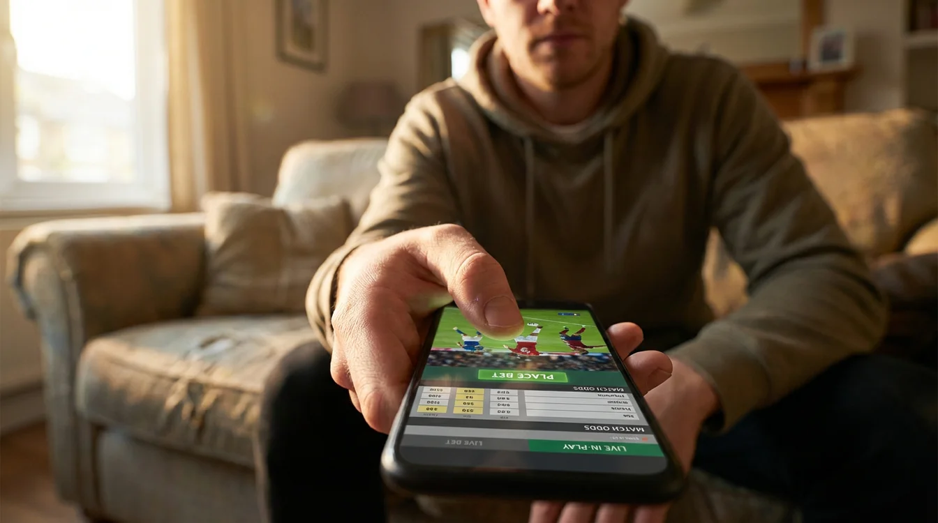 Pessoa a assistir jogo de futebol no telem&oacute;vel enquanto faz aposta