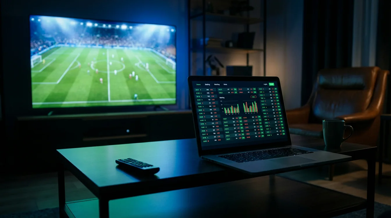 Ecrã dividido mostrando jogo de futebol ao vivo e odds em tempo real
