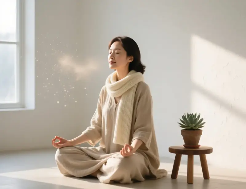 Mulher em postura de medita&ccedil;&atilde;o serena representando o desenvolvimento de disciplina mental e autocontrolo