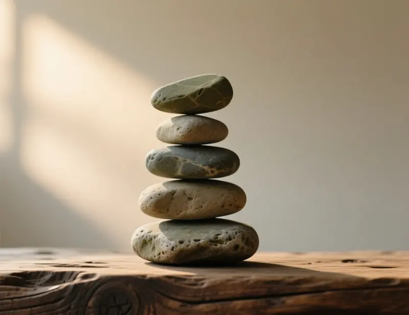 Pedras zen empilhadas em equil&iacute;brio perfeito simbolizando estabilidade emocional e disciplina nas apostas