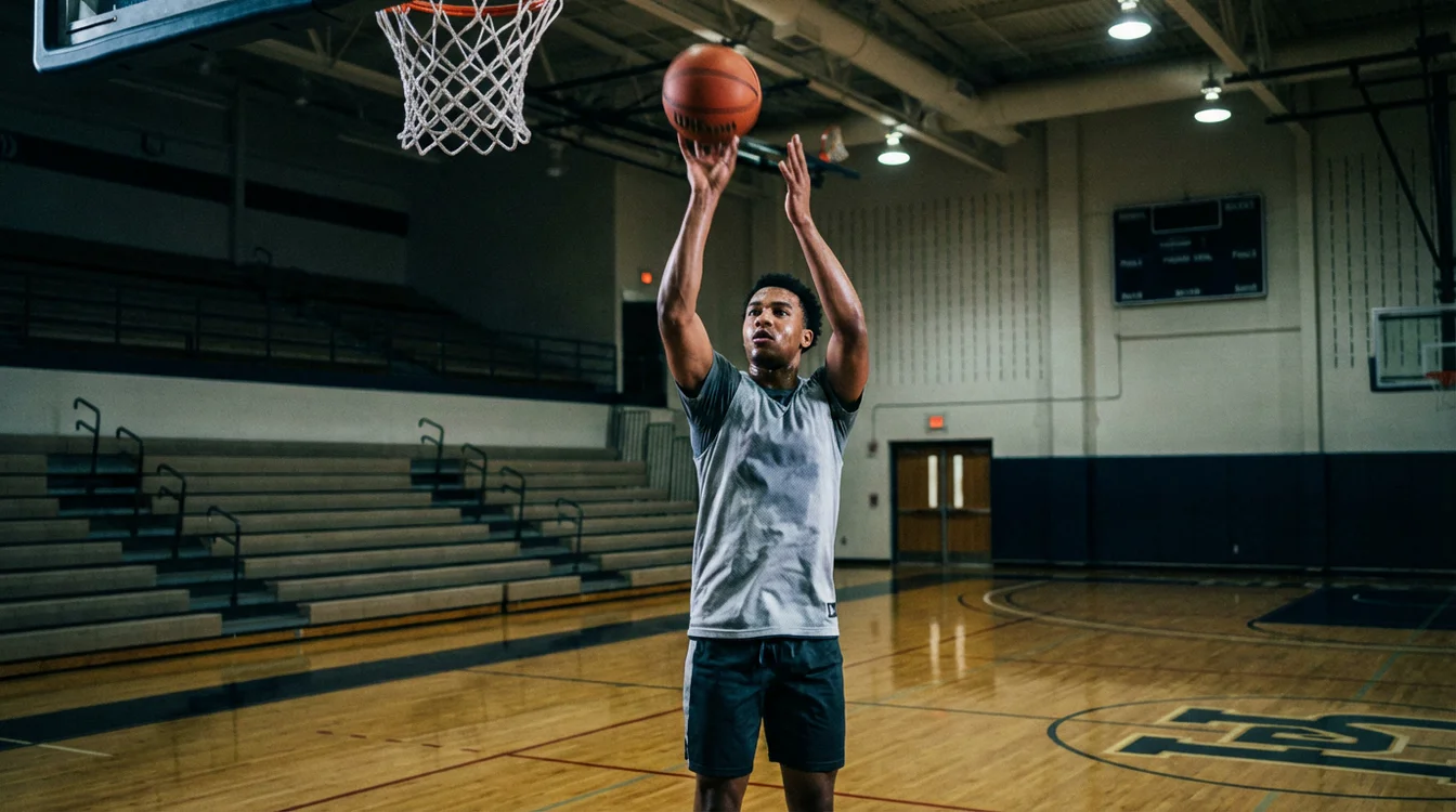 Jogador de basquetebol a lan&ccedil;ar a bola ao cesto em momento de concentra&ccedil;&atilde;o