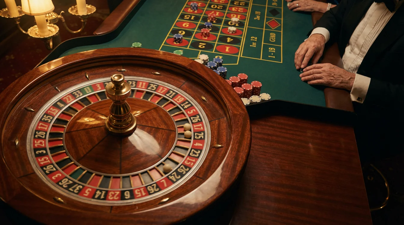 Mesa de roleta de casino com a bola sobre um número preto