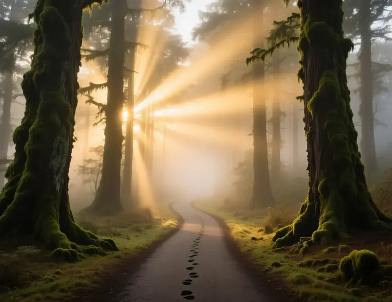 Caminho claro atrav&eacute;s de floresta enevoada ao amanhecer simbolizando a jornada de longo prazo do apostador de valor