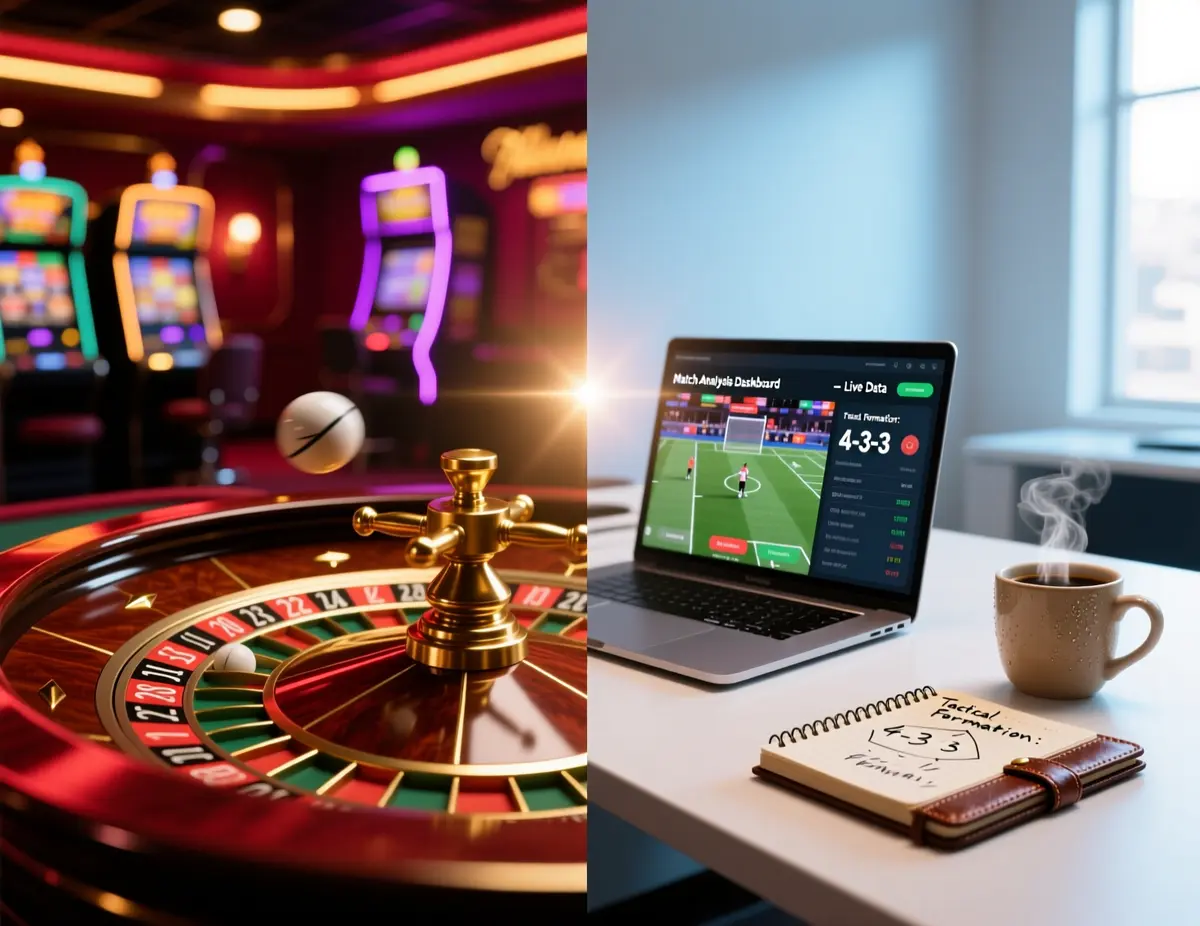 Contraste visual entre o ambiente de casino com roleta e um espaço de trabalho analítico com estatísticas esportivas