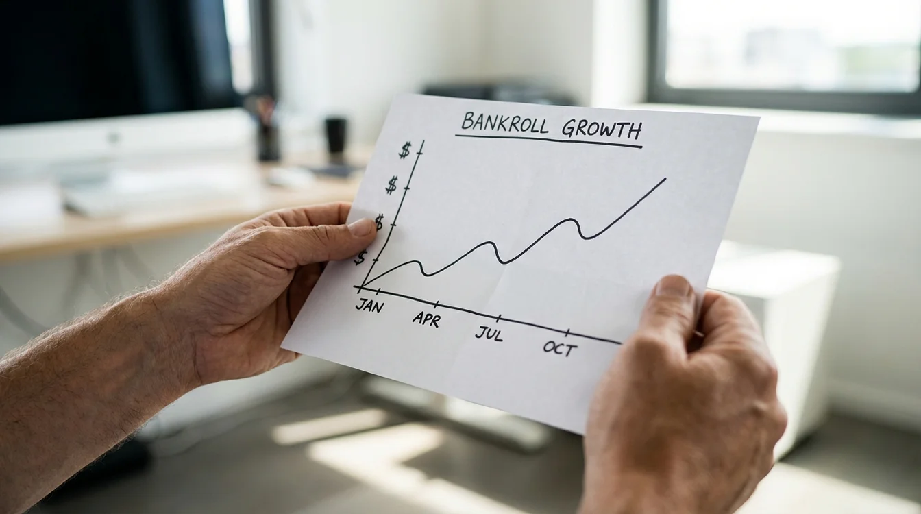 Gr&aacute;fico de linha ascendente mostrando evolu&ccedil;&atilde;o positiva da banca ao longo do tempo
