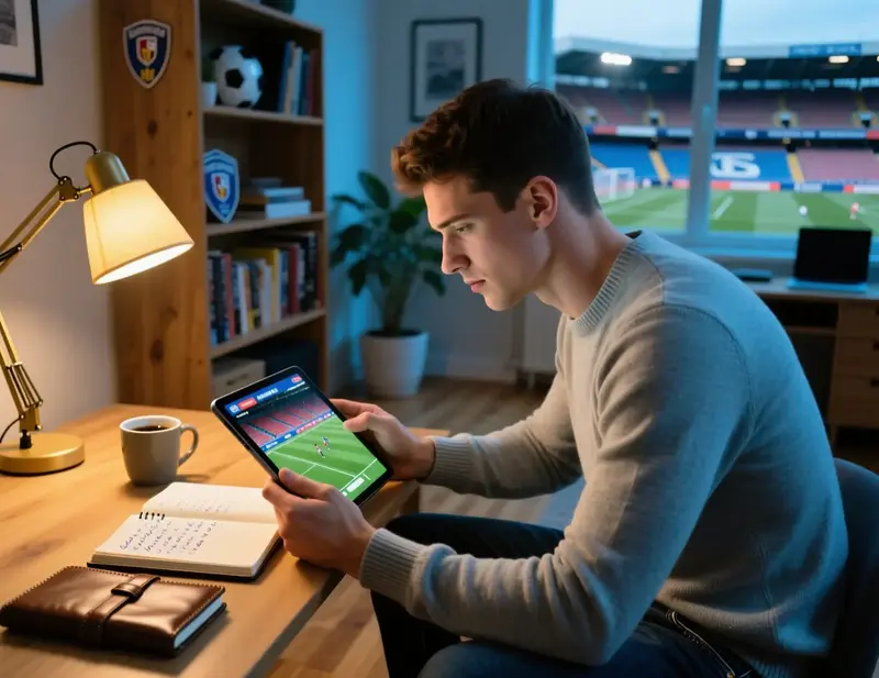 Analista focado a assistir jogo de liga menor no tablet &agrave; noite procurando oportunidades em mercados menos populares