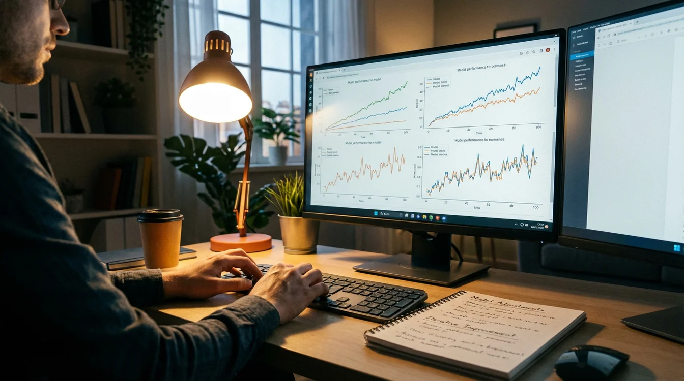 Pessoa a analisar gr&aacute;ficos de desempenho do modelo num computador