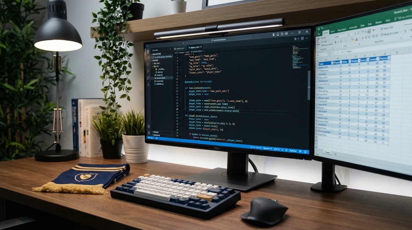 Código de programação e dados de futebol num ecrã de computador