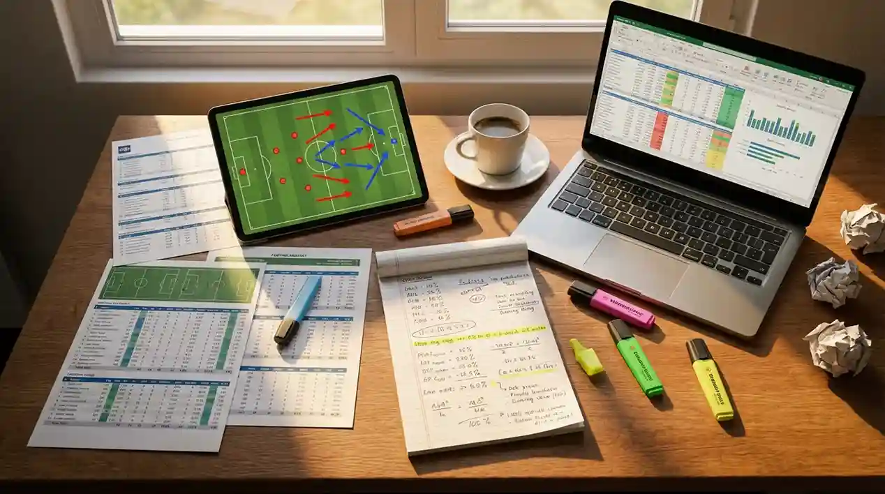 Analista a estudar estatísticas de futebol em documentos e ecrã