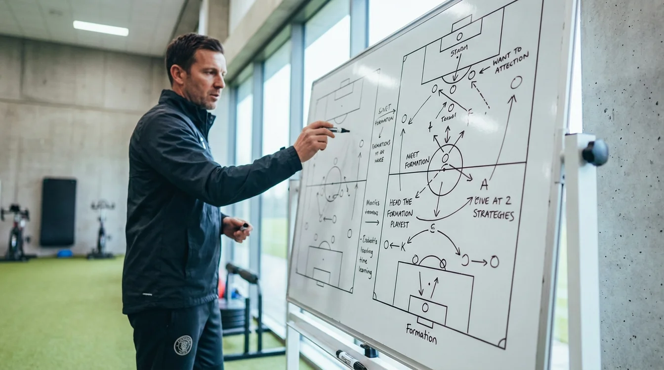 Treinador de futebol a analisar t&aacute;ticas num quadro