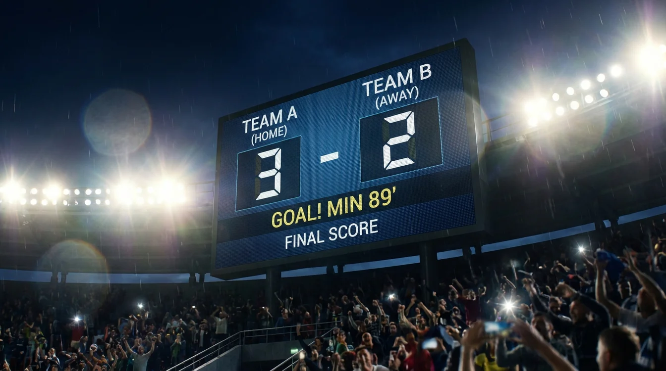 Marcador de estádio de futebol mostrando resultado de jogo