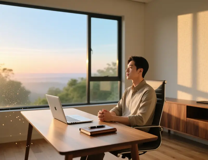 Pessoa serena sentada &agrave; secret&aacute;ria a olhar pela janela praticando paci&ecirc;ncia e disciplina enquanto espera pelo momento certo