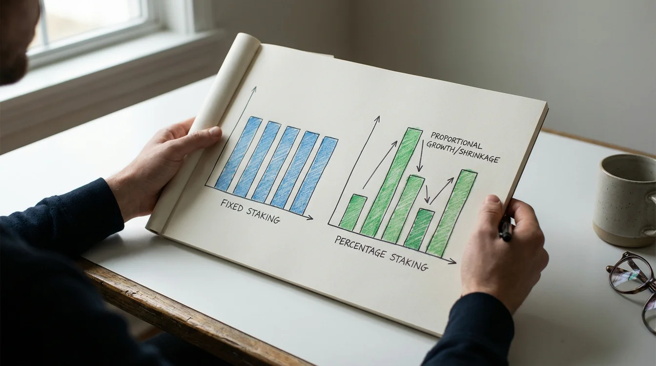 Diagrama visual mostrando como as stakes se ajustam automaticamente &agrave; varia&ccedil;&atilde;o da banca