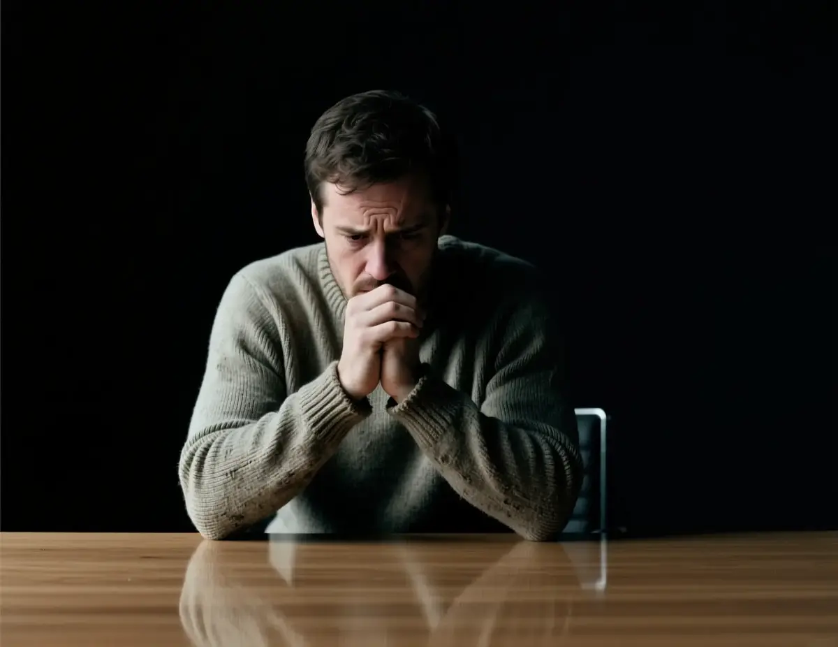 Homem em pose contemplativa representando a batalha psicológica interna do apostador entre razão e emoção