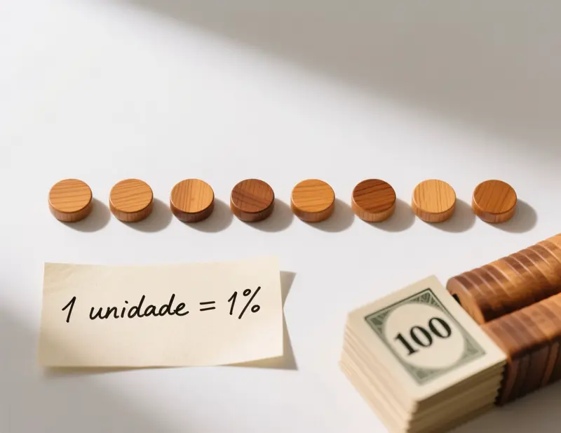 Representa&ccedil;&atilde;o visual do sistema de unidades com fichas organizadas mostrando que uma unidade equivale a um por cento da banca