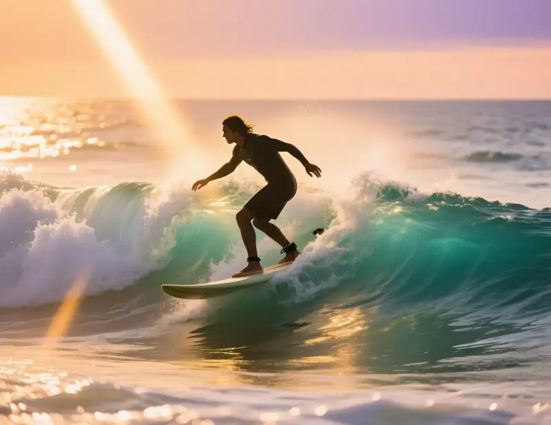 Surfista habilidoso a navegar uma onda ao p&ocirc;r do sol representando a arte de abra&ccedil;ar a incerteza