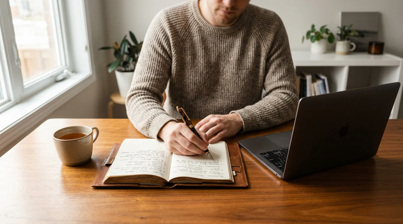 Pessoa a escrever num caderno de notas fazendo reflex&atilde;o sobre apostas