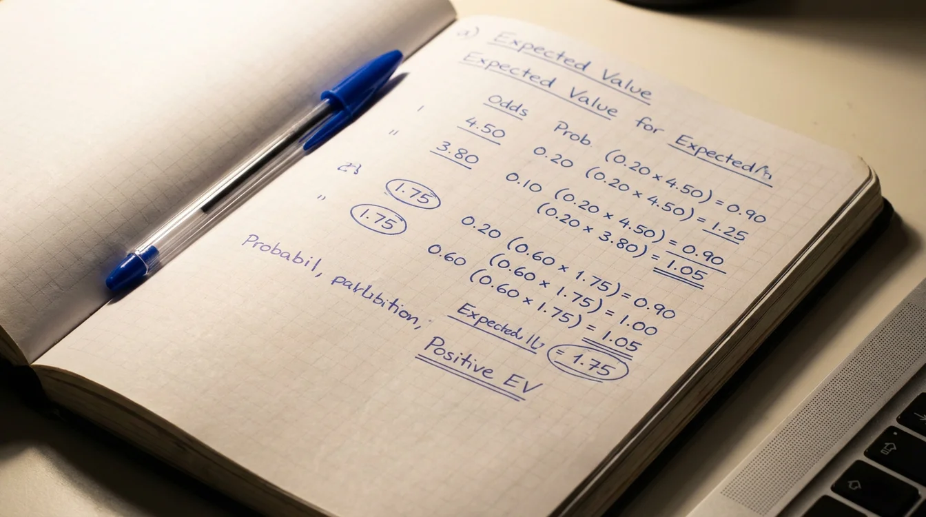 Caderno com cálculos de valor esperado escritos à mão com caneta