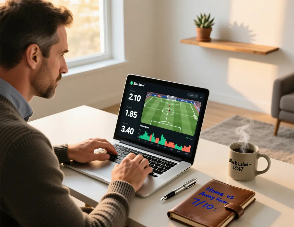 Analista profissional a estudar odds e estatísticas de futebol no portátil com caderno de notas ao lado