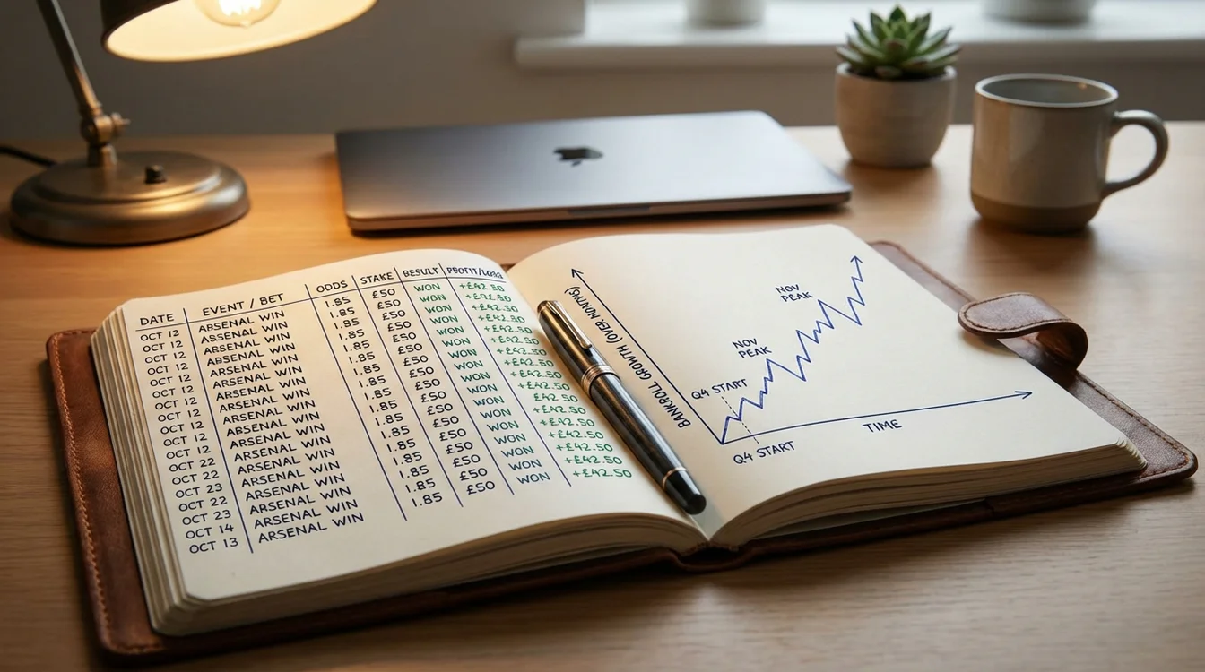Caderno aberto com registos de apostas e gr&aacute;fico de evolu&ccedil;&atilde;o da banca