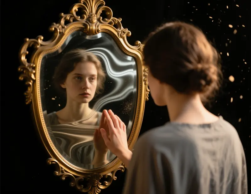Pessoa a olhar para reflexo distorcido num espelho simbolizando como os vi&eacute;ses cognitivos distorcem a nossa percep&ccedil;&atilde;o da realidade