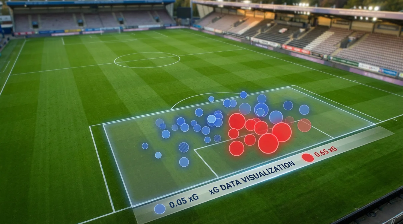 Mapa de remates num campo de futebol com valores de xG assinalados